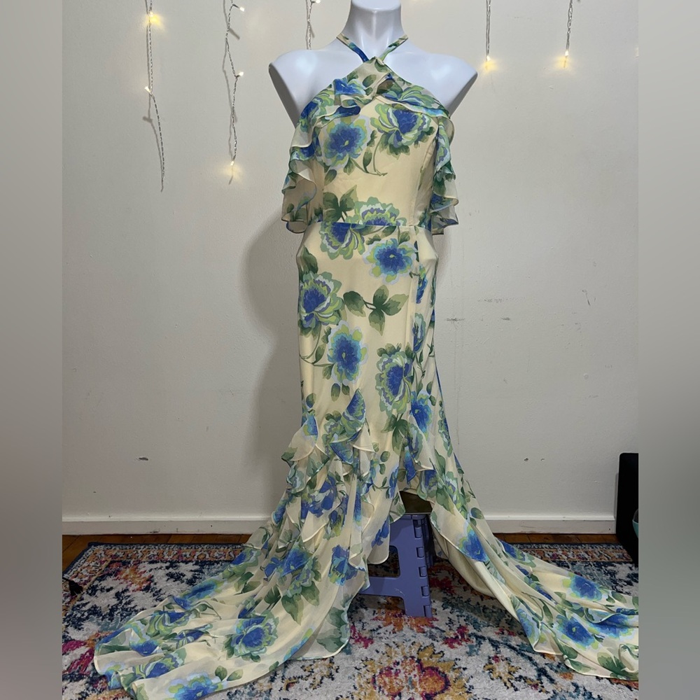 Lulu's Floral Maxi Dress in Cream and Blue